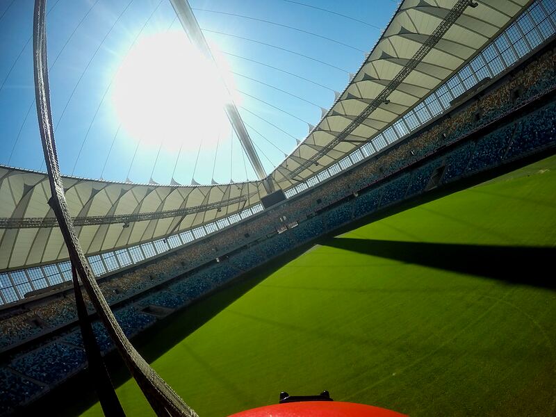 Inside Moses Mabhida Stadium in Durban, the arch and roof over the pitch